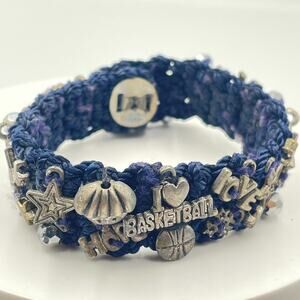 Vintage Y2K Navy Blue Crooked Cords Crochet Charm Bracelet I Love Basketball